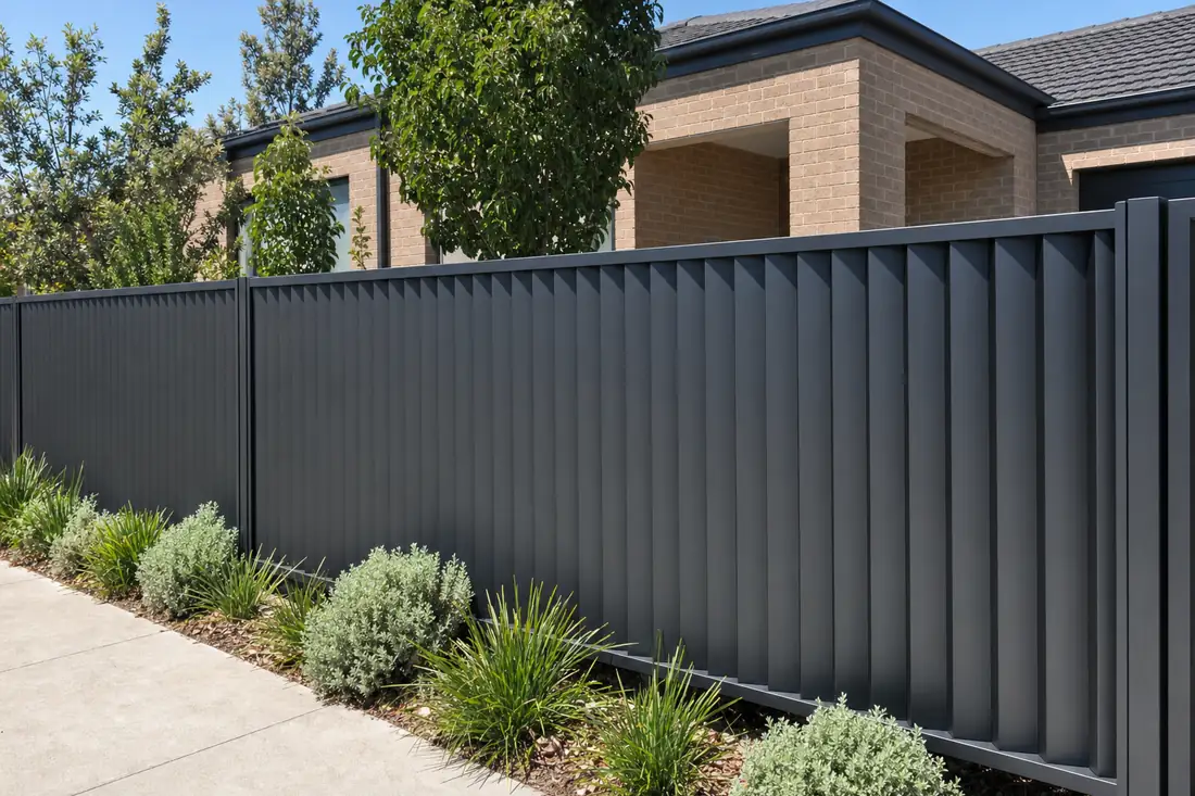 Charcoal angled blade fence along a Melbourne footpath