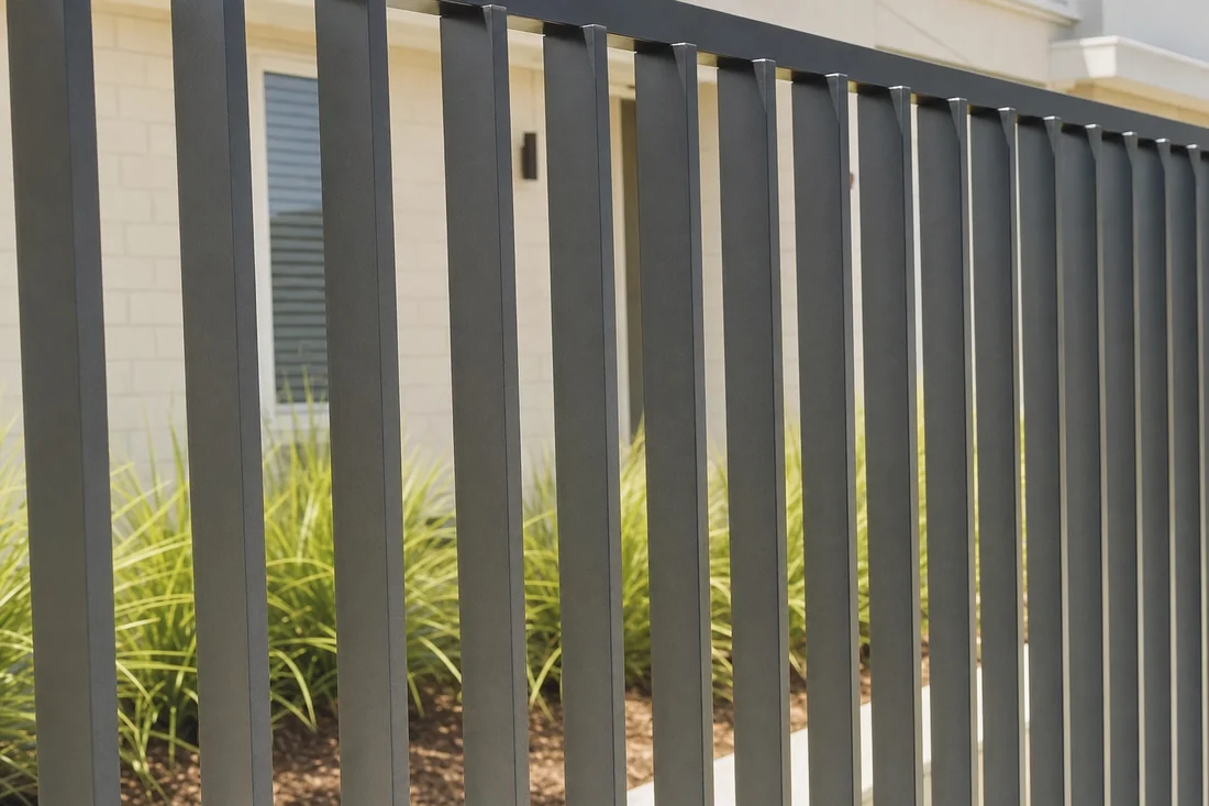 Close view of the blades on a charcoal blade fence in a Melbourne front garden
