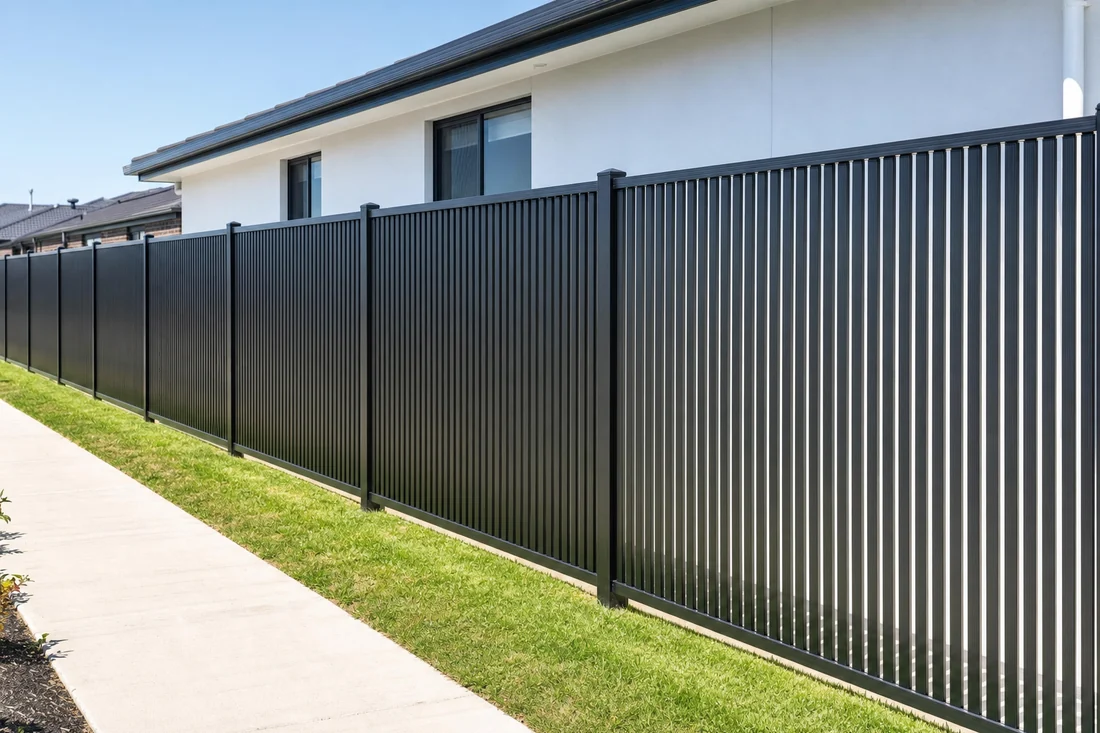 Run of black blade fence panels along a side boundary in a Melbourne estate