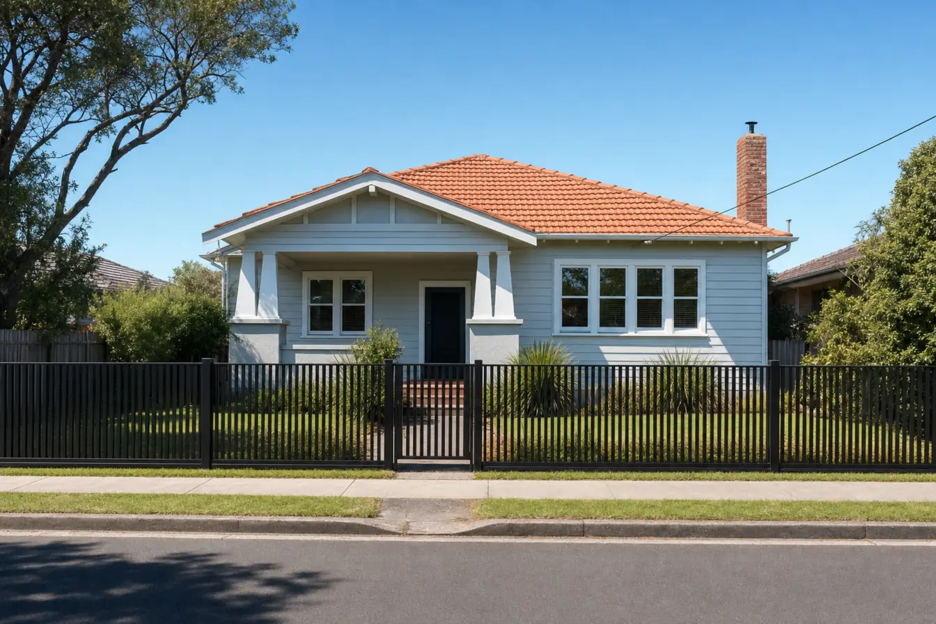 New black blade fence across the front of a Melbourne bungalow