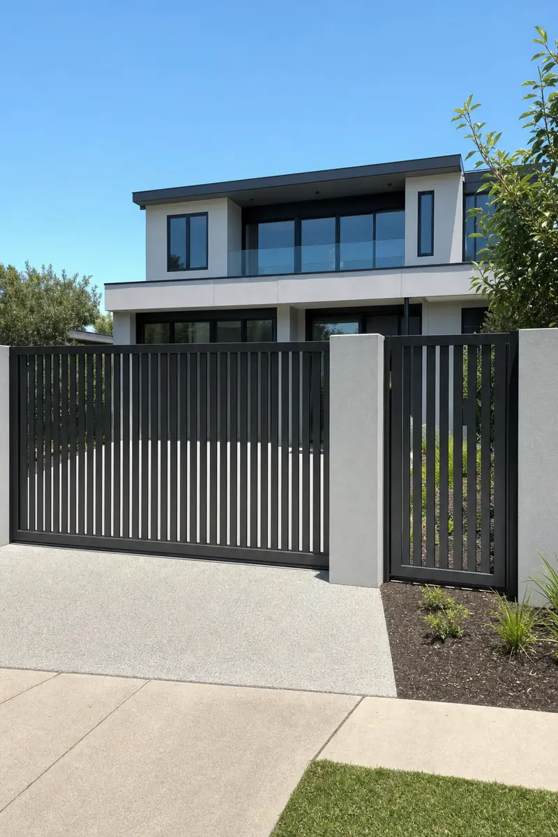 Black blade sliding driveway gate and matching pedestrian gate between rendered piers at a modern Melbourne home