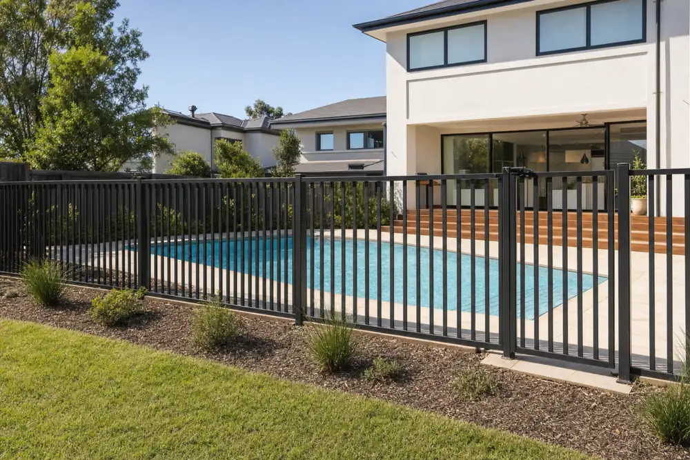 Black blade pool fence and gate around a backyard pool in Melbourne