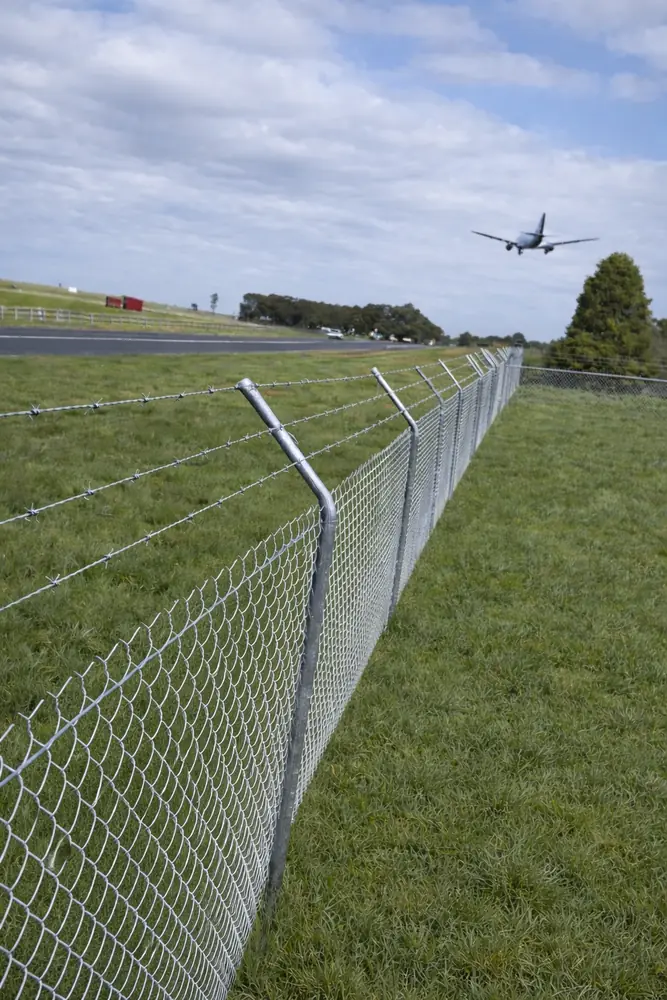 Galvanised chain mesh fence with three strands of barbed wire on angled arms along a grassed field