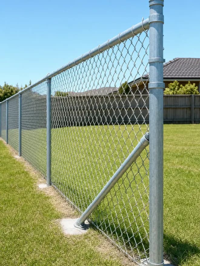 Galvanised chain wire fence with a top rail and an angled brace along a suburban lawn in Victoria