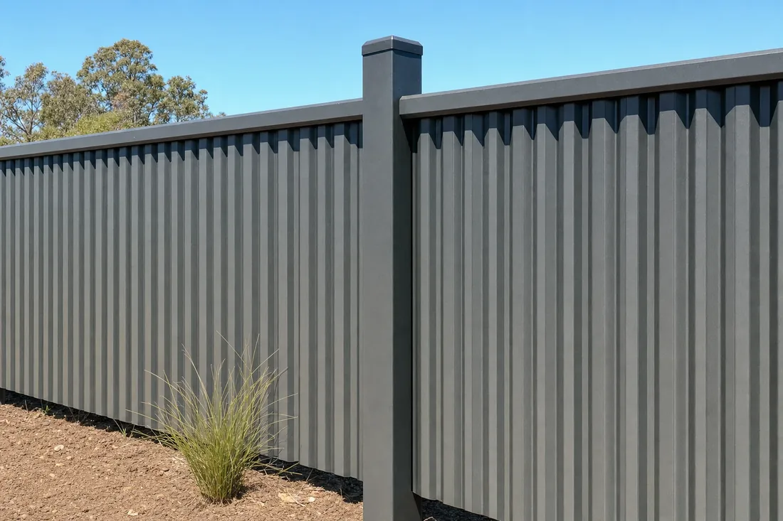 Grey Colorbond fence panels and a matching steel post along a garden boundary, with gum trees behind