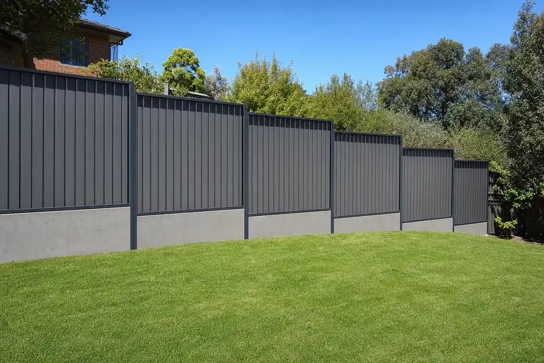 Dark grey Colorbond fence stepping down a sloping backyard on a concrete plinth