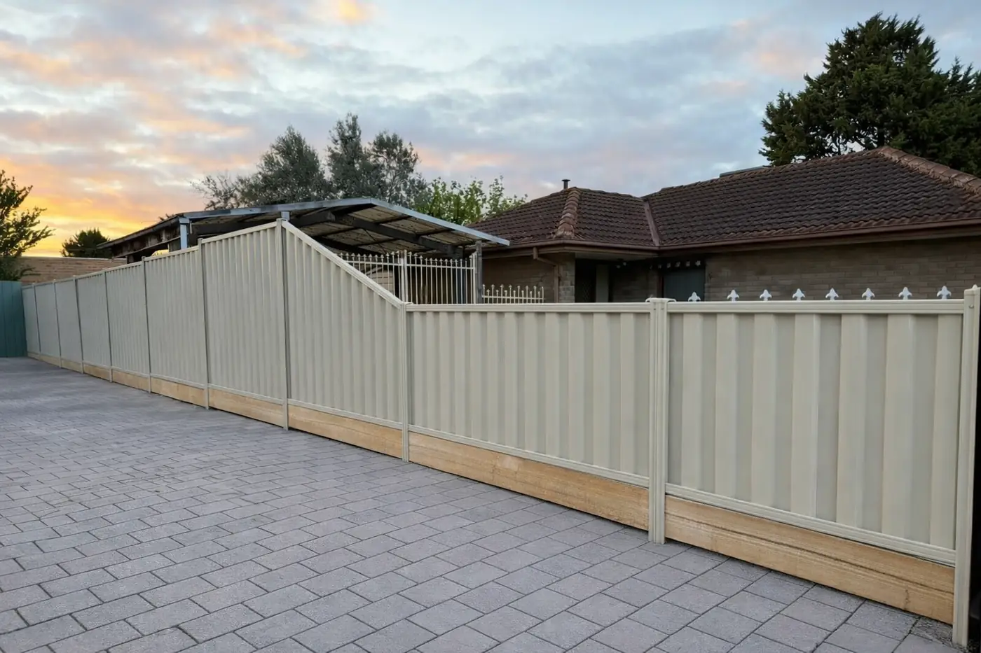 Cream Colorbond fence along a paved driveway, with a sloped panel stepping down in height