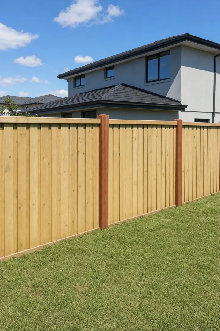 New timber paling fence with exposed posts and capping beside a two-storey house on a new estate block
