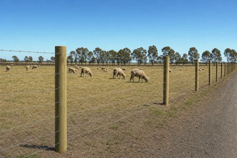 New plain and barbed wire farm fence on pine posts along a sheep paddock in western Victoria