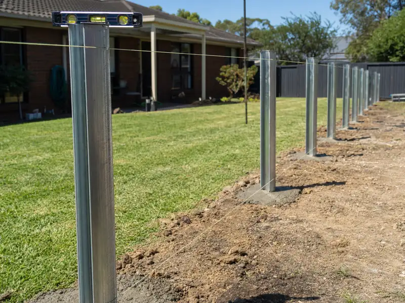 New steel fence posts concreted in along a string line