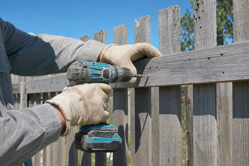 Gloved hands driving a screw into the rail of a weathered timber fence during a repair in Melbourne