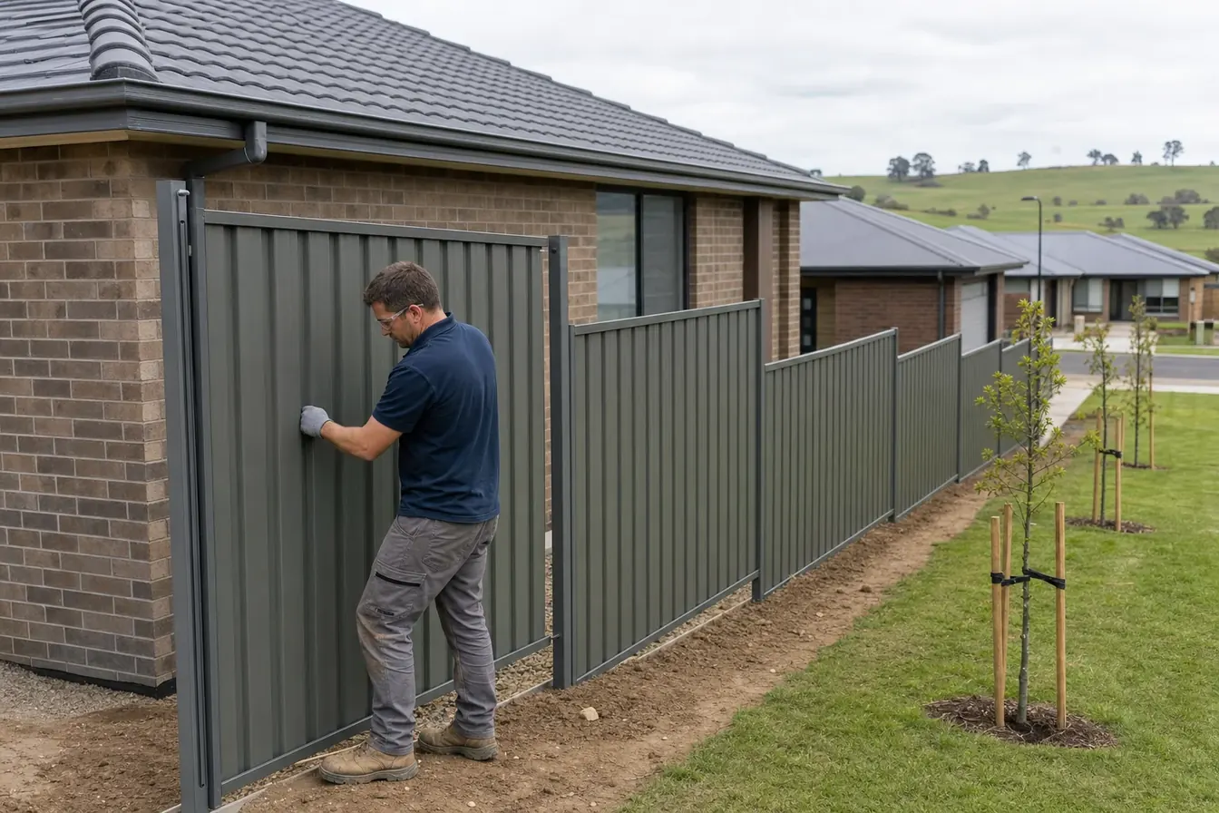 Installer fitting a grey-green Colorbond fence sheet beside a new brick house in a regional Victorian estate, with the fence stepping down toward the street