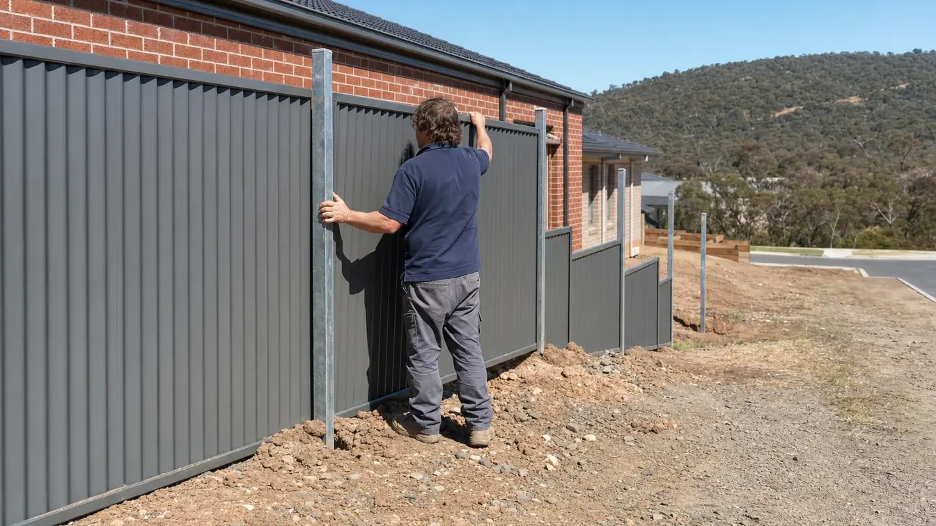 Installer fitting a grey Colorbond side fence on a new estate block, stepping down towards the street, with bush-covered hills behind
