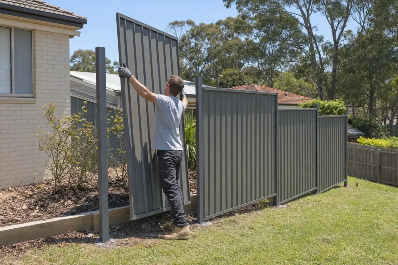 Fencing installer lifting a grey Colorbond steel panel into place between new posts beside a cream brick house, with gum trees behind