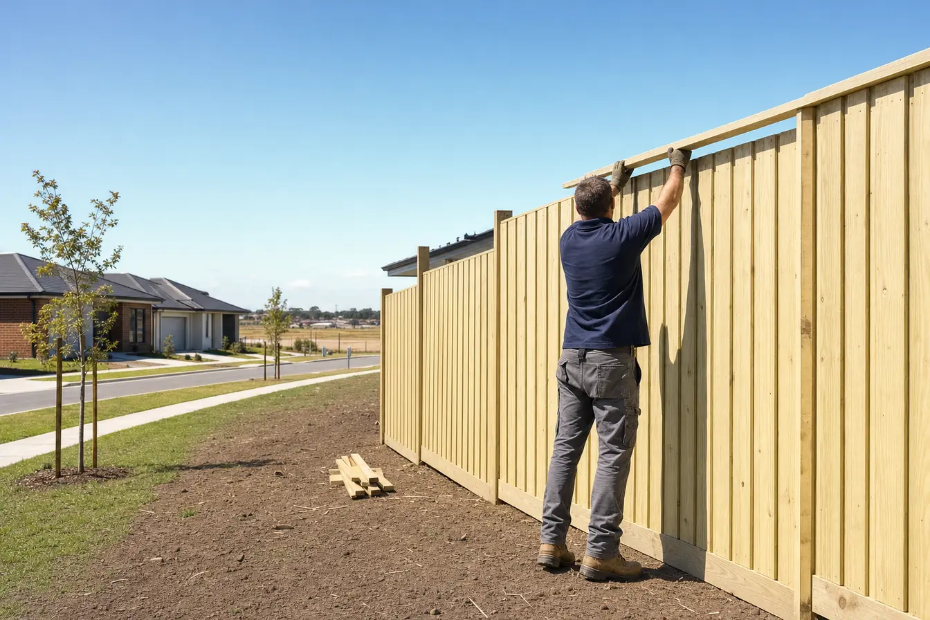 Fencer lifting the capping board onto a new timber paling fence with a plinth, on a new house block in a regional Victorian estate