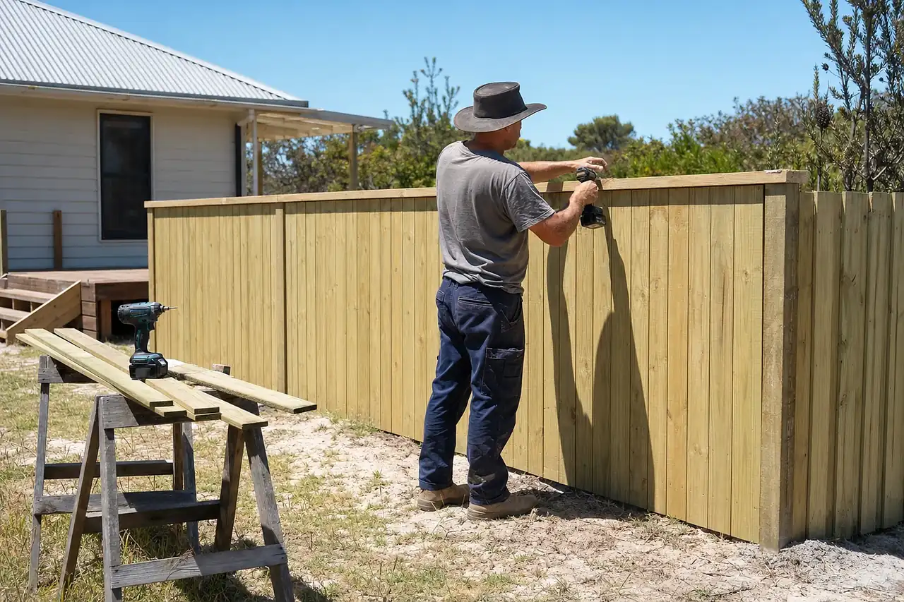 Fencer screwing the capping board onto a new timber paling fence beside a weatherboard beach house on a sandy block with coastal scrub