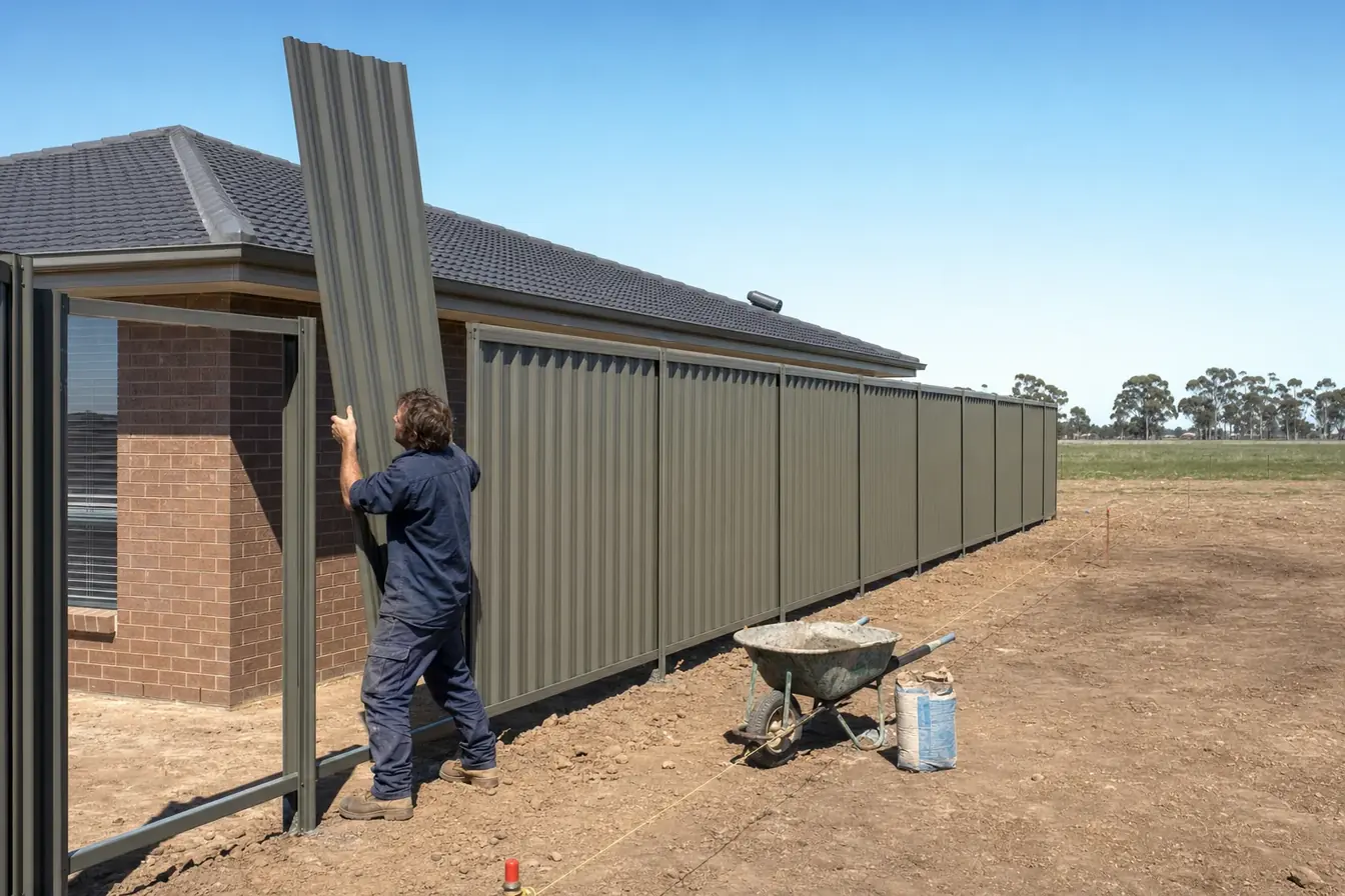 Fencer sliding a grey-green steel sheet into a new Colorbond boundary fence beside a brick house, with flat irrigated paddocks and red gums behind