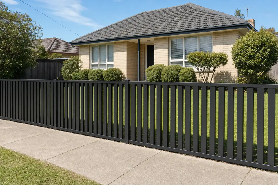Low dark grey blade front fence along the footpath of a cream brick house