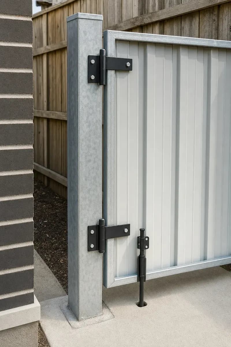 Heavy black hinges and a drop bolt on a grey steel side gate hung from a galvanised post in a Melbourne backyard