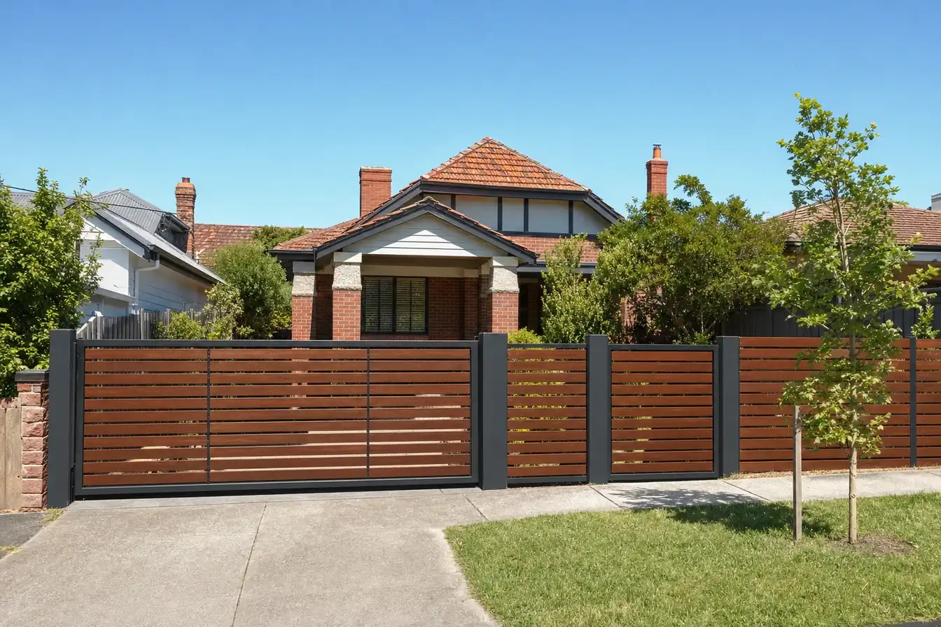 New timber slat sliding driveway gate and matching pedestrian gate on charcoal steel posts at a Melbourne bungalow