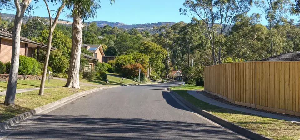 Leafy Melbourne suburban street with a new timber paling fence