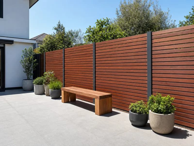 Horizontal merbau slat screen fence on charcoal posts beside a paved courtyard in Melbourne