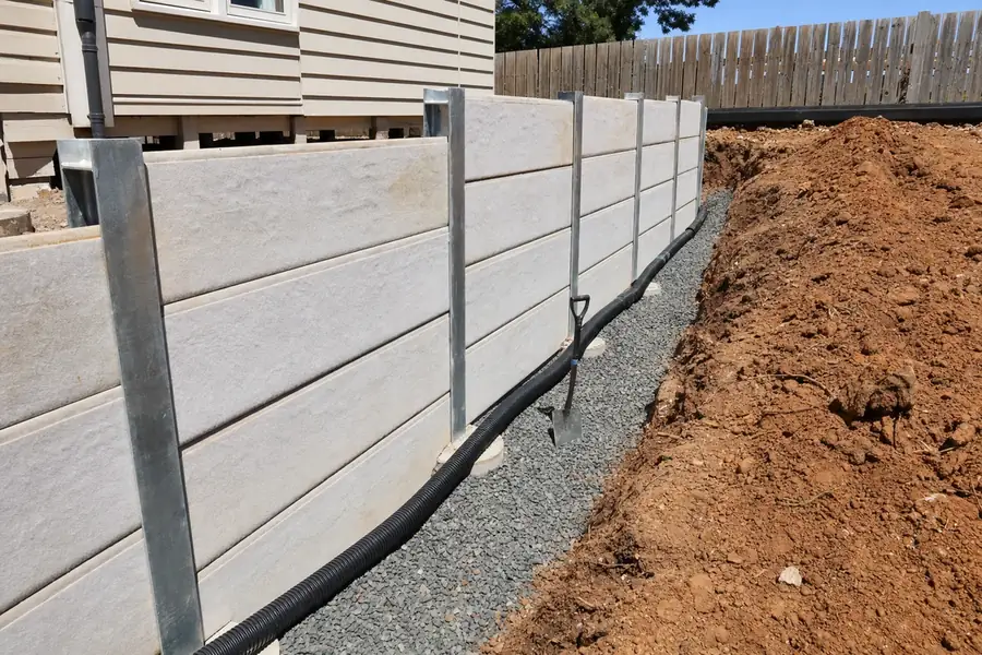 Back of a new concrete sleeper retaining wall before backfilling, with a slotted ag pipe laid in gravel along its base