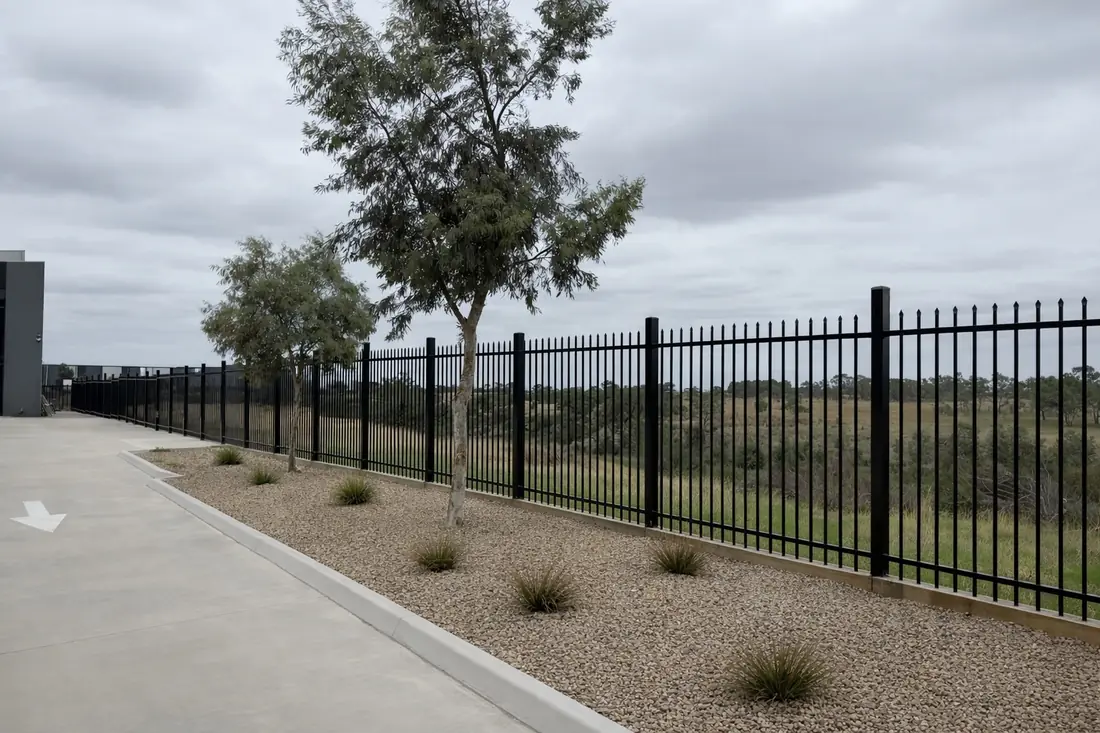 Black steel spear-top security fence behind a gravel garden bed, beside a concrete driveway at an industrial site