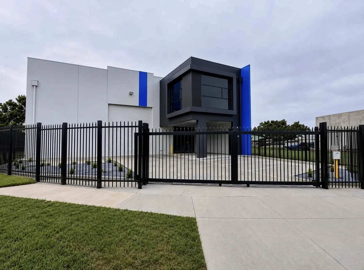 Black steel spear-top sliding gate and matching fence in front of a new warehouse office