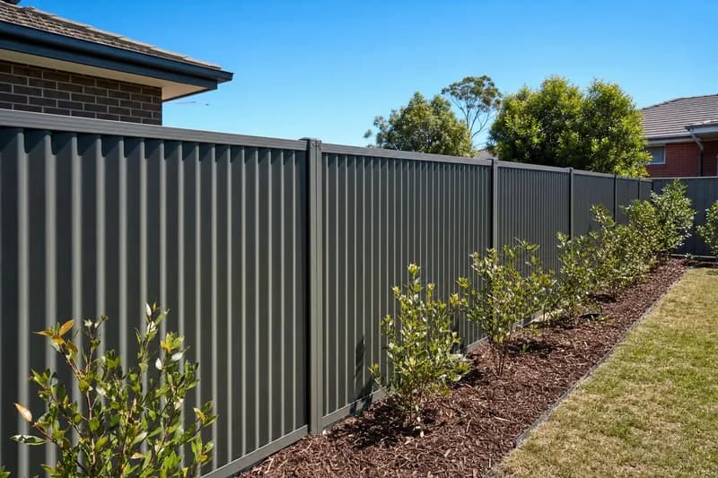 Colorbond steel boundary fence along a backyard