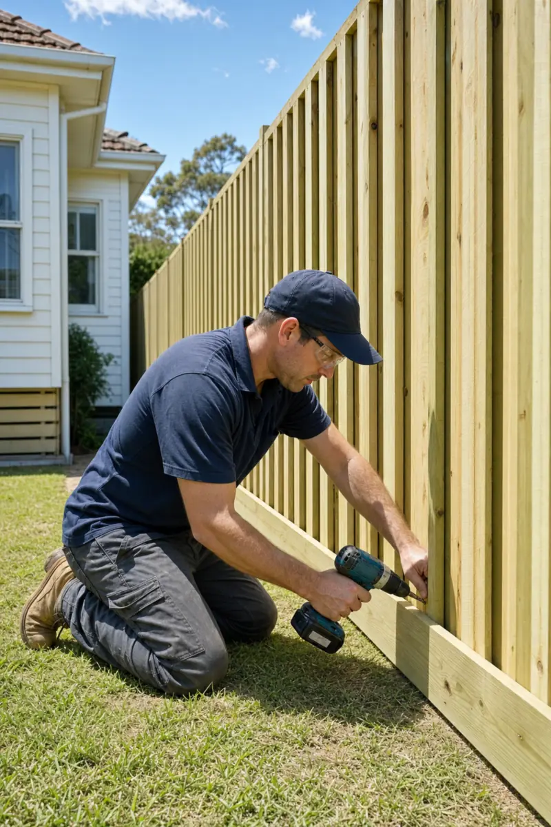 Installer fixing a plinth board along the base of a new timber paling fence