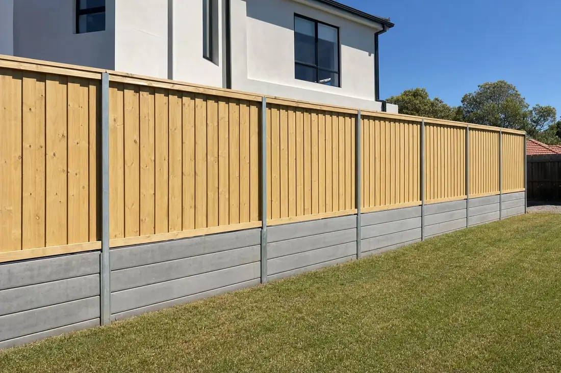 Treated pine paling fence with capping on top of a grey concrete sleeper retaining wall along a Melbourne side boundary