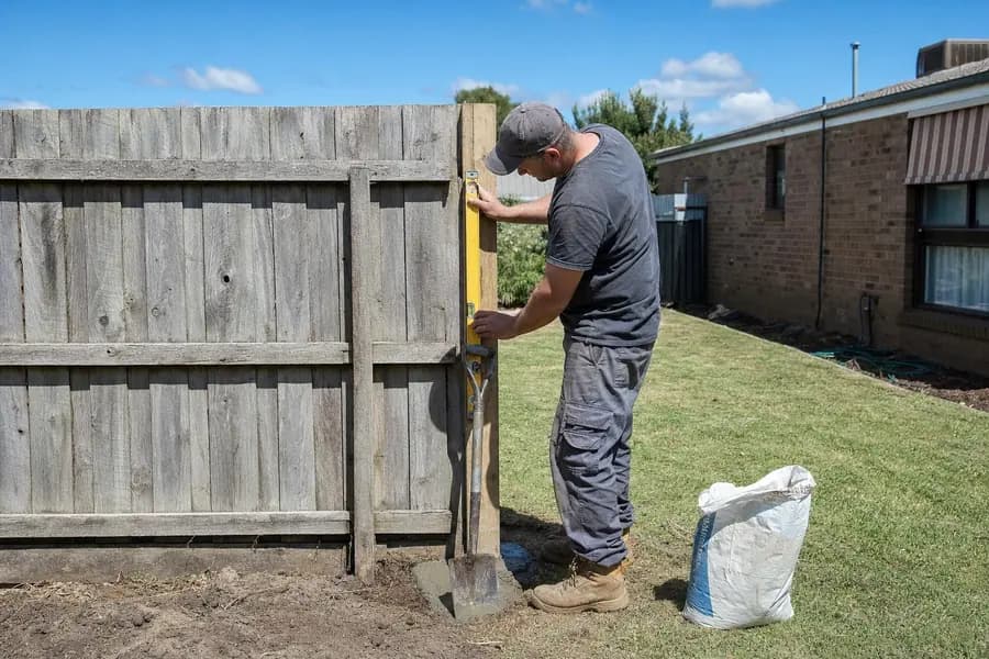 Man holding a spirit level against a timber fence post during a leaning fence repair beside a Melbourne brick house
