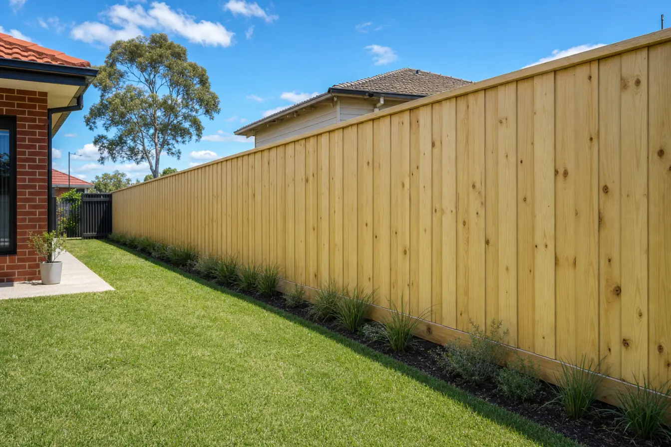 New lapped and capped timber paling fence along a Melbourne backyard lawn