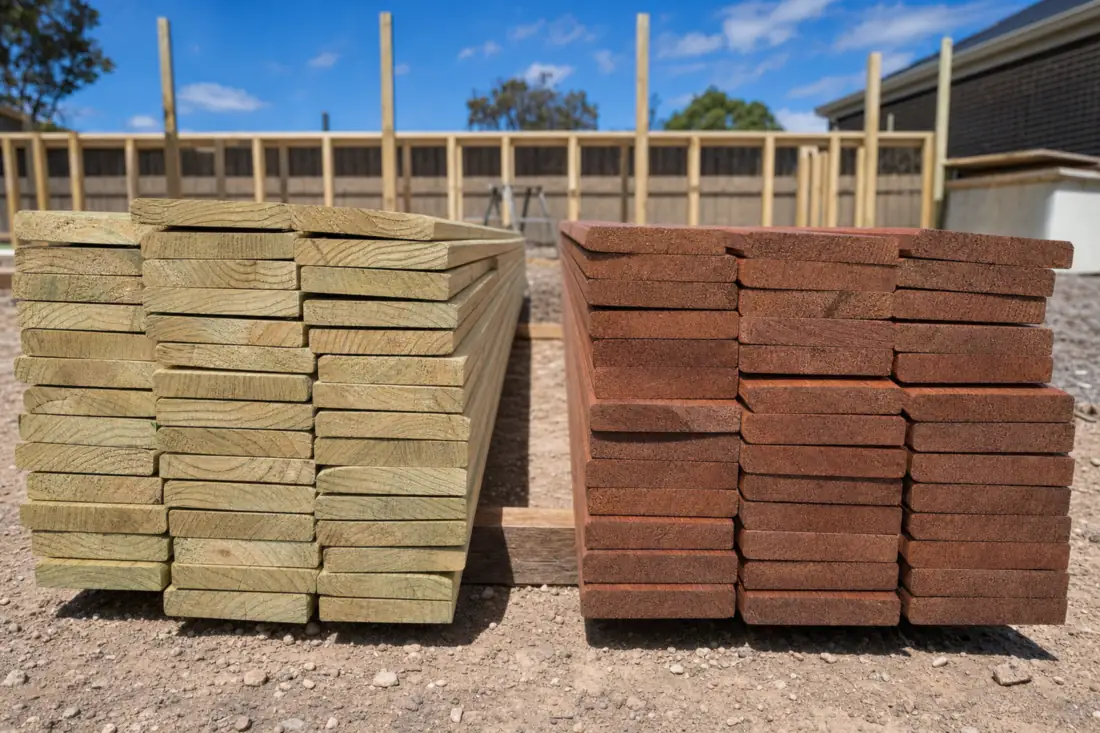Stacks of treated pine and hardwood fence palings side by side on a Melbourne site