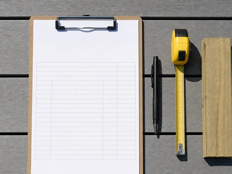 Clipboard with a blank ruled sheet, a pen, a tape measure and a timber offcut